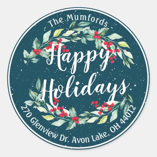 ハッピーホリデーメリークリスマスホリーフローラアドレス ラウンドシール (正面)