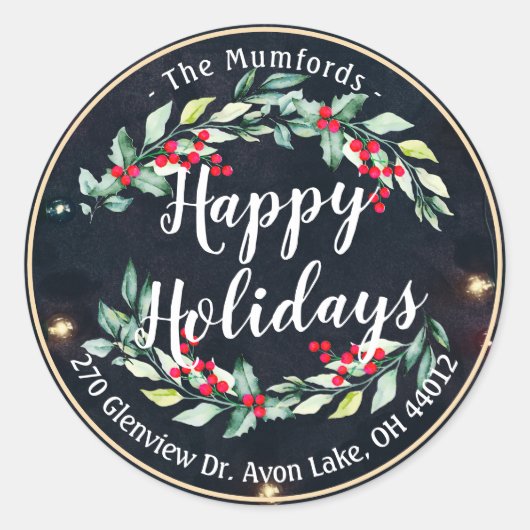 ハッピーホリデーメリークリスマスホリーフローラアドレス ラウンドシール (正面)