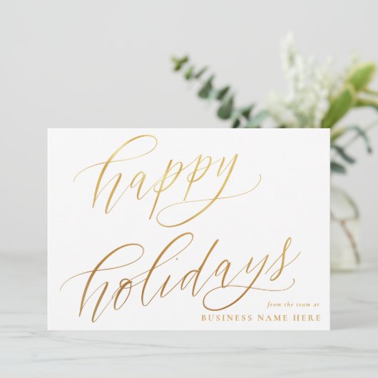 ハッピーホリデーモダンエレガント金ゴールドスクリプトビジネス シーズンカード (スタンド正面)