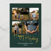 ハッピーホリデーモダングリーンスクリプト4写真金ゴールド 箔シーズンカード (正面)