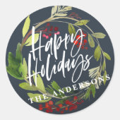 ハッピーホリデーモダンシックな水色の葉 ラウンドシール (正面)