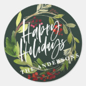 ハッピーホリデーモダンシックな水色の葉 ラウンドシール (正面)