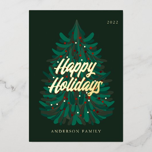 ハッピーホリデーモダンスエレガントクリスマスツリー 箔シーズンカード (正面)