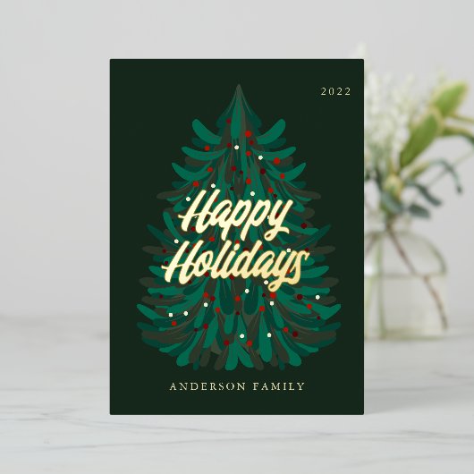 ハッピーホリデーモダンスエレガントクリスマスツリー 箔シーズンカード (立ち正面)
