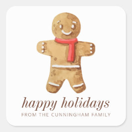 ハッピーホリデーモダンズウォーターカラージンジャーブレッドマン スクエアシール
