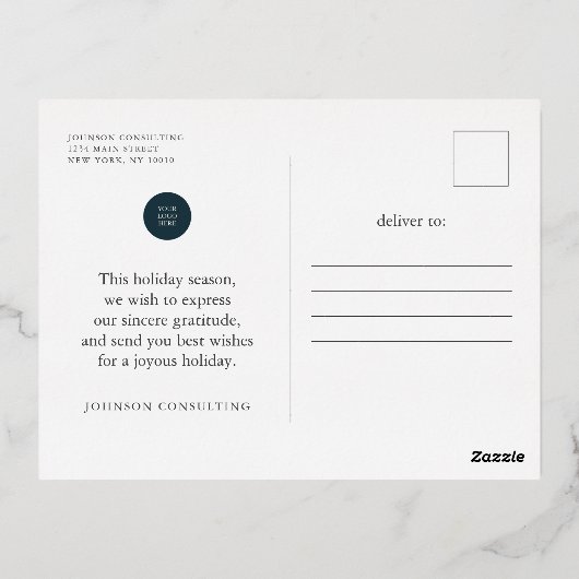 ハッピーホリデーモダンズエレガントブラックダマスク 箔シーズンポストカード (裏面)