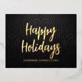 ハッピーホリデーモダンズエレガントブラックダマスク 箔シーズンポストカード (正面)