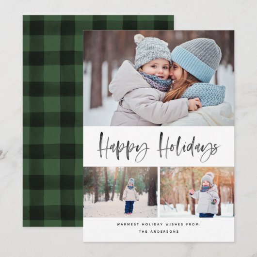 ハッピーホリデーモダンズブラシスクリプトコラージュ3写真 シーズンカード (正面/裏面)