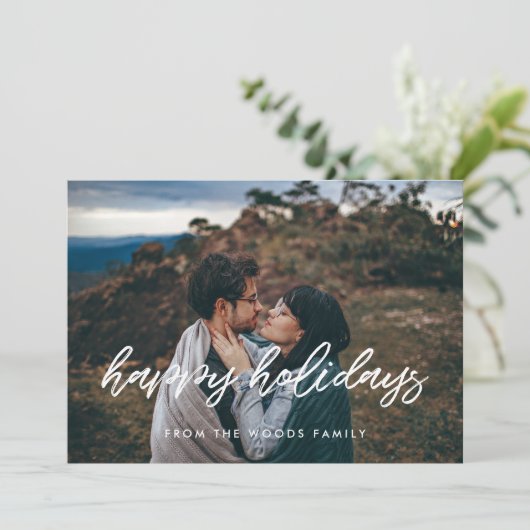 ハッピーホリデーモダンタイポグラフィフォトクリスマス シーズンカード (スタンド正面)