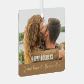 ハッピーホリデーモダントレンディーカップルのフォトスクリプト メタルオーナメント (正面右)