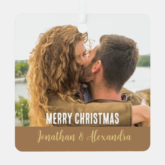 ハッピーホリデーモダントレンディーカップルのフォトスクリプト メタルオーナメント (裏面)
