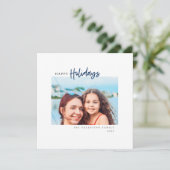 ハッピーホリデーモダンブルースクリプトミニマリスト写真 シーズンカード (スタンド正面)