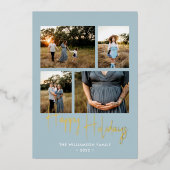 ハッピーホリデーモダンブルースクリプト4写真金ゴールド 箔シーズンカード (正面)