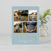 ハッピーホリデーモダンブルースクリプト4写真金ゴールド 箔シーズンカード (立ち正面)