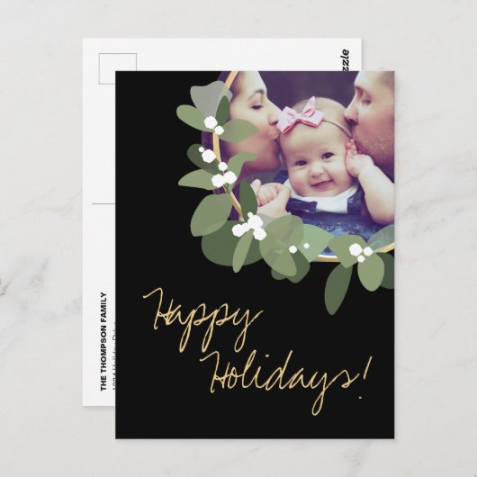 ハッピーホリデーモダン家族の写真黒い緑 ポストカード (正面/裏面)