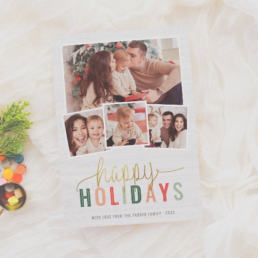 ハッピーホリデーモダン金ゴールドスクリプト4 Photo Collage シーズンカード