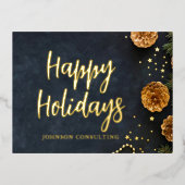 ハッピーホリデーモダン金ゴールドパインコーンスターズ 箔シーズンポストカード (正面)