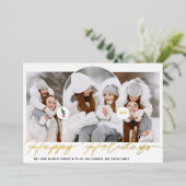 ハッピーホリデーモダン3写真赤いスクリプト 箔シーズンカード (立ち正面)