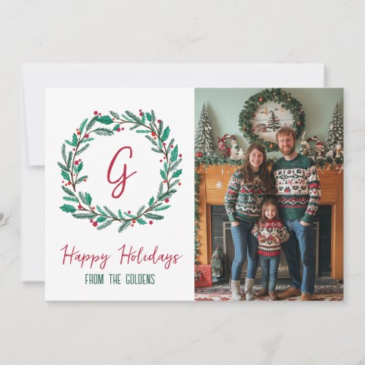 ハッピーホリデーリースカスタムフォトクリスマス シーズンカード (正面)