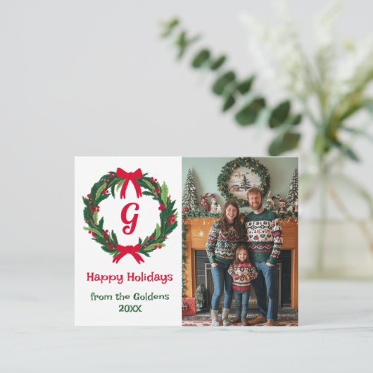 ハッピーホリデーリースカスタムフォトクリスマス シーズンポストカード (スタンド正面)