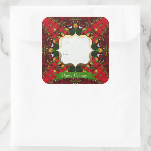 ハッピーホリデーレッド+グリーンギフトラベルスクエアステッカー スクエアシール (バッグ)