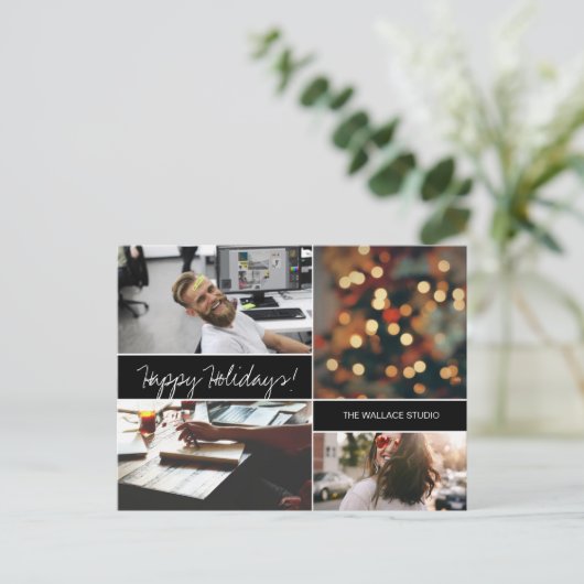 ハッピーホリデー企業のクリスマス写真コラージュ ポストカード (スタンド正面)