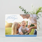 ハッピーホリデー写真エレガント書道ブルー シーズンカード (スタンド正面)