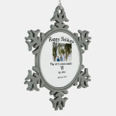 ハッピーホリデー家族の写真の名前の文字ye スノーフレークピューターオーナメント (左)