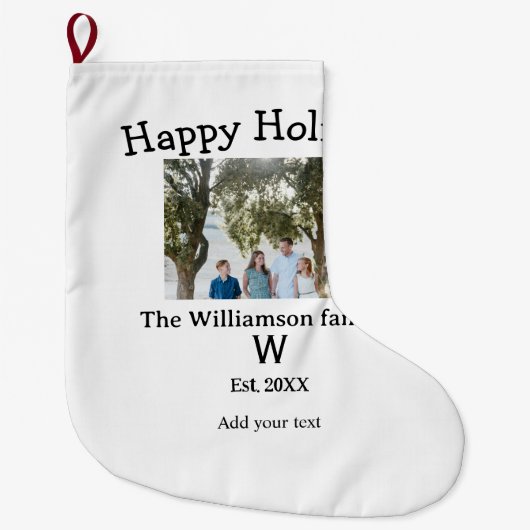 ハッピーホリデー家族の写真の名前の文字ye ラージクリスマスストッキング (正面)