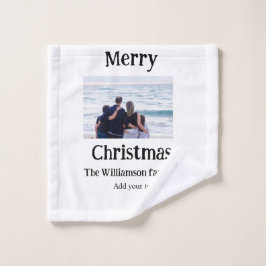 ハッピーホリデー家族の名前を追加フォトクリスマス ウォッシュタオル