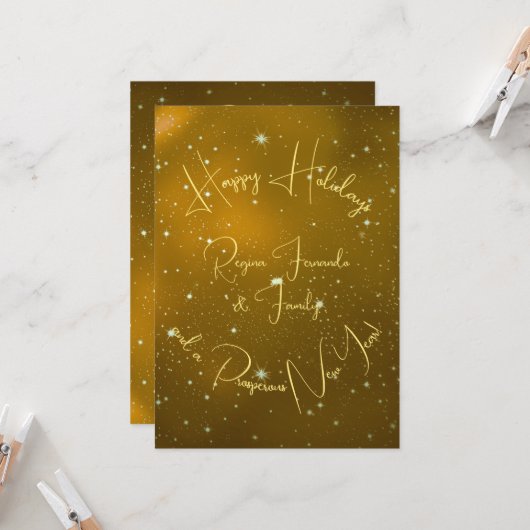 ハッピーホリデー新年スターズゴールドタイポグラフィー カード (正面/裏面インサイチュ)