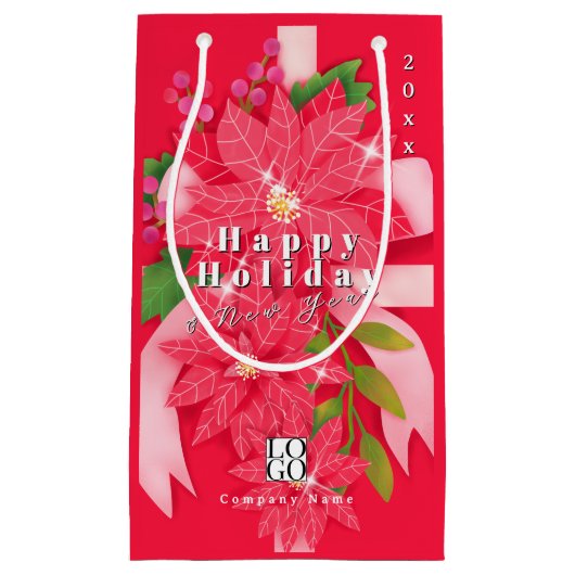 ハッピーホリデー新年ビジネスロゴ 赤 スモールペーパーバッグ (正面)