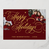 ハッピーホリデー書道フォトファミリー名札 箔招待状 (正面)