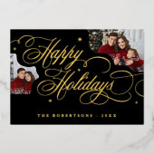 ハッピーホリデー書道フォトファミリー名札 箔招待状 (正面)
