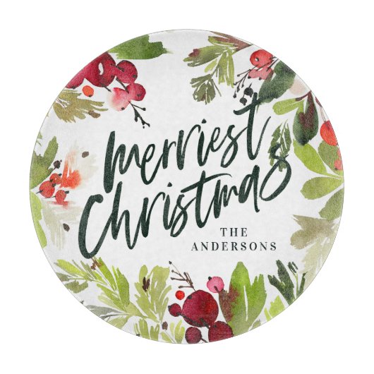 ハッピーホリデー水彩フローラ葉 カッティングボード (正面)