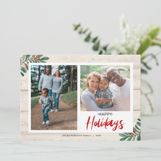 ハッピーホリデー素朴グリーンリー2枚の写真クリスマス シーズンカード (スタンド正面)
