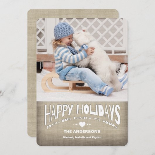 ハッピーホリデー素朴Burlapフォトグリーティング シーズンカード (正面/裏面)