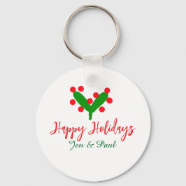 ハッピーホリデー緑の赤いカップル名の緑の葉 キーホルダー