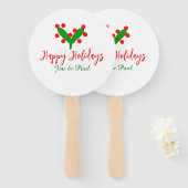 ハッピーホリデー緑の赤いカップル名の緑の葉 ハンドファン (正面&裏面)