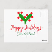 ハッピーホリデー緑の赤いカップル名の緑の葉 ポストカード (裏面)