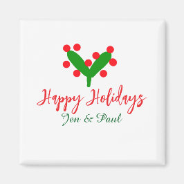 ハッピーホリデー緑の赤いカップル名の緑の葉 マグネット