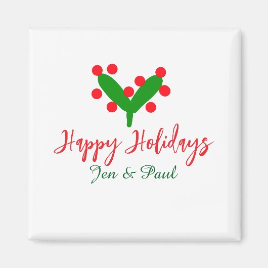 ハッピーホリデー緑の赤いカップル名の緑の葉 マグネット (正面)