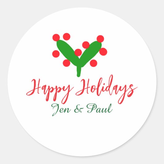 ハッピーホリデー緑の赤いカップル名の緑の葉 ラウンドシール (正面)