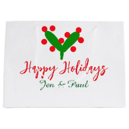 ハッピーホリデー緑の赤いカップル名の緑の葉 ラージペーパーバッグ