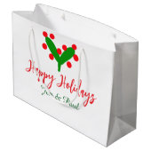 ハッピーホリデー緑の赤いカップル名の緑の葉 ラージペーパーバッグ (裏面アングル)
