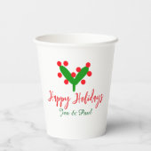 ハッピーホリデー緑の赤いカップル名の緑の葉 紙コップ (裏面)
