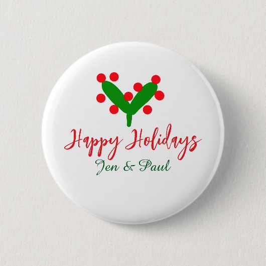 ハッピーホリデー緑の赤いカップル名の緑の葉 缶バッジ (正面)