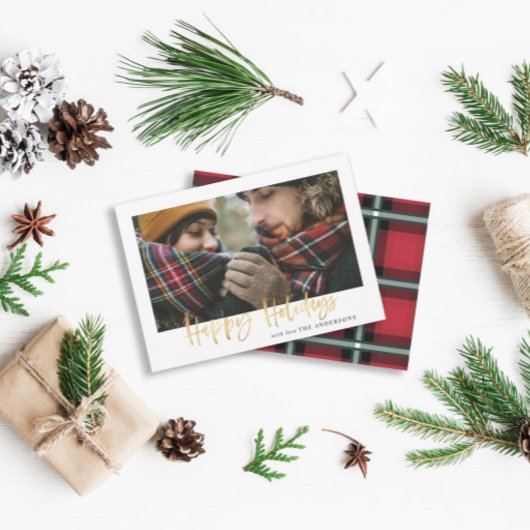 ハッピーホリデー金ゴールドスクリプトレッドタータンチェッククリスマス シーズンカード