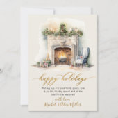 ハッピーホリデー金ゴールドスクリプト暖炉なし シーズンカード (正面)