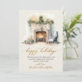 ハッピーホリデー金ゴールドスクリプト暖炉なし シーズンカード (スタンド正面)